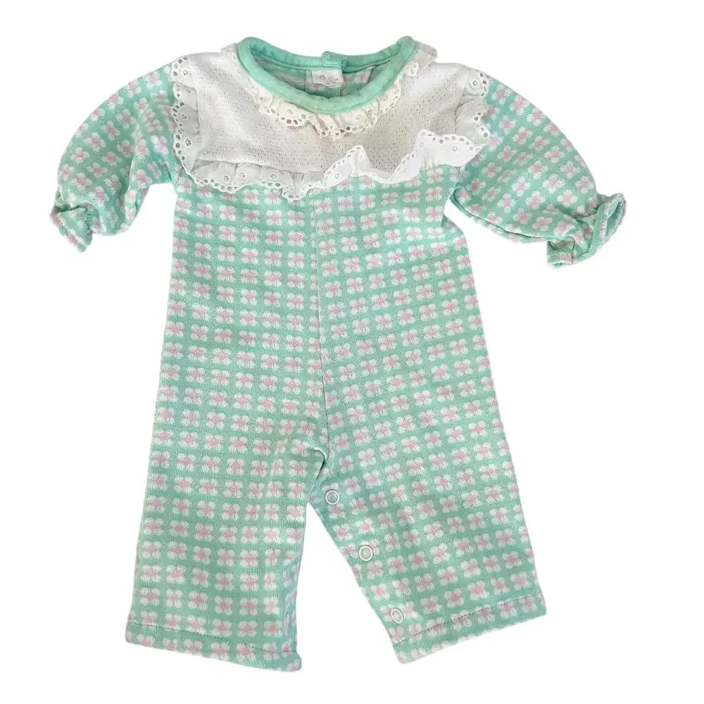 Vintage Healthtex Green Pink Floral One Piece Outfit Sz 3M